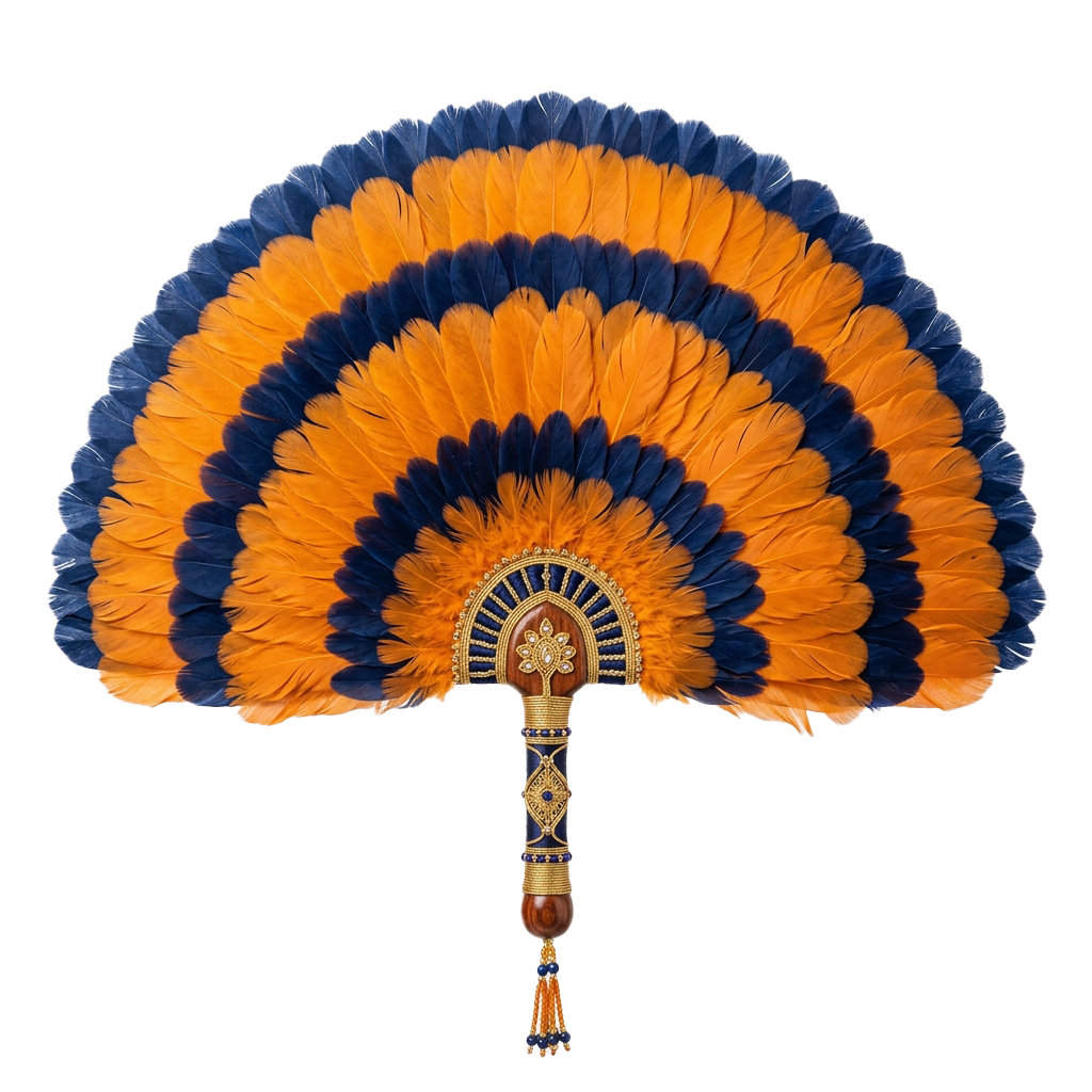 Decorative hand fan featuring blue, orange, and white feathers with gold detailing and ornate handle