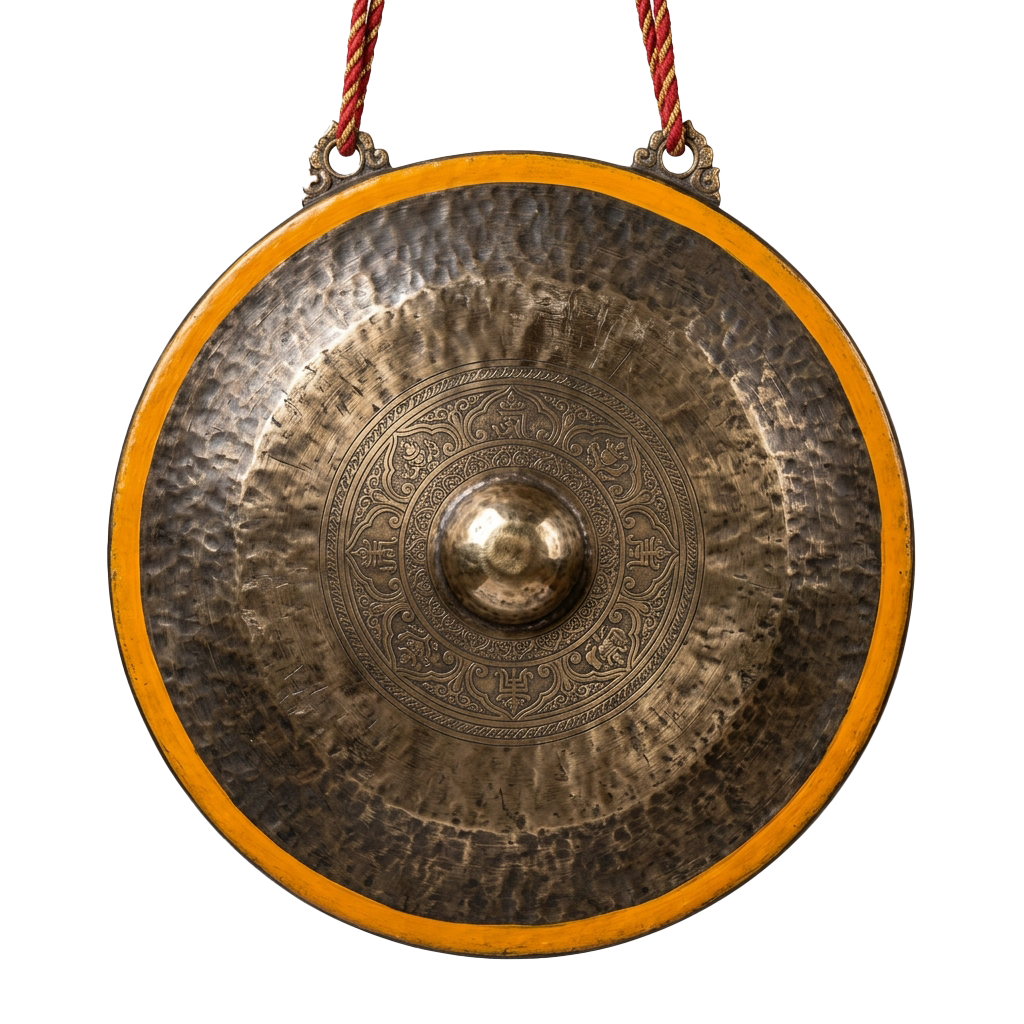 A large bronze singing bowl with intricate engraved patterns and a central spherical boss, framed by an orange rope.