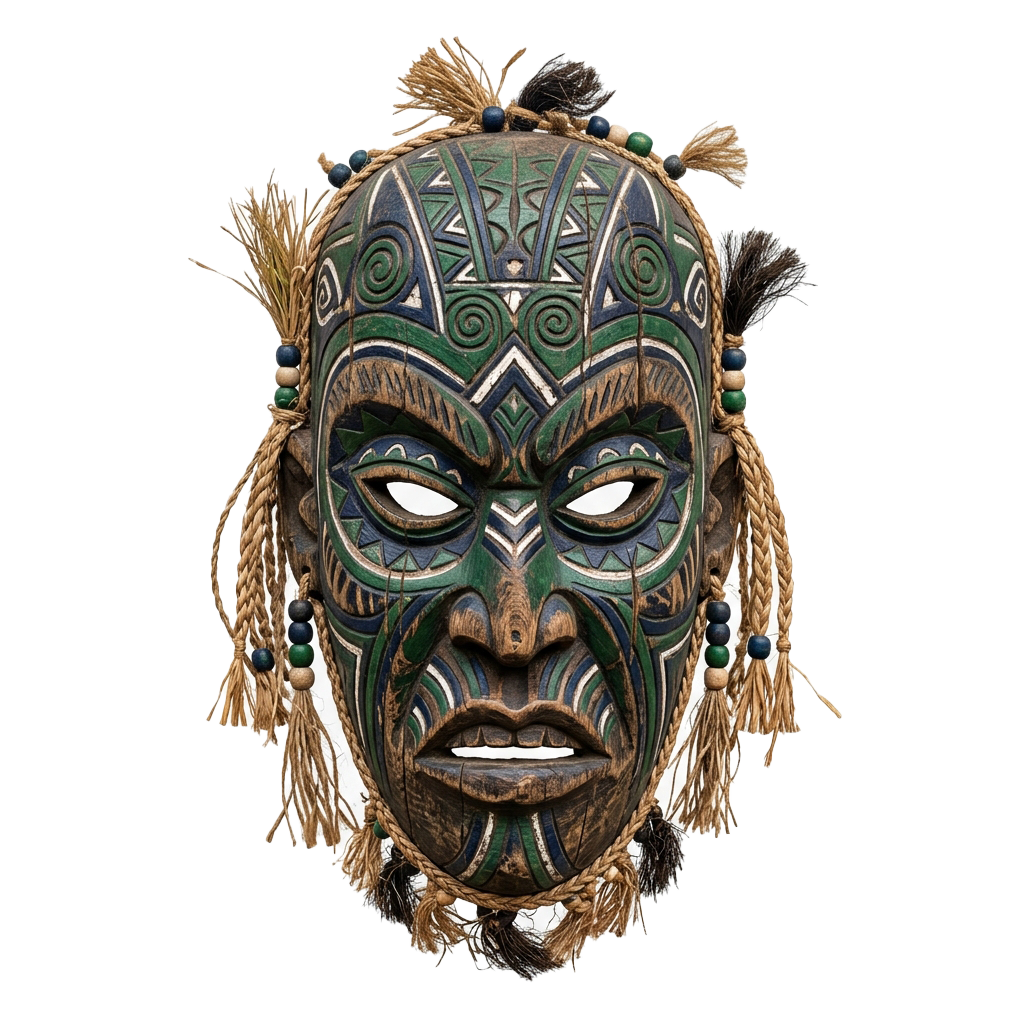 Intricate African mask featuring geometric patterns, green and black paint, and natural fiber accents