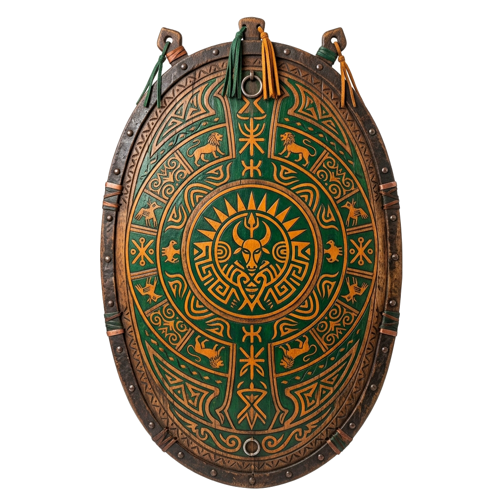 Decorative shield featuring intricate Celtic knotwork, animal motifs, and geometric patterns in green and gold on a wooden background.