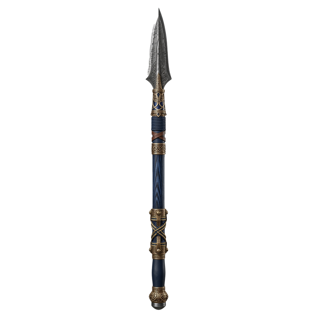 A detailed fantasy longsword with a dark blue blade and ornate golden handle featuring intricate patterns.