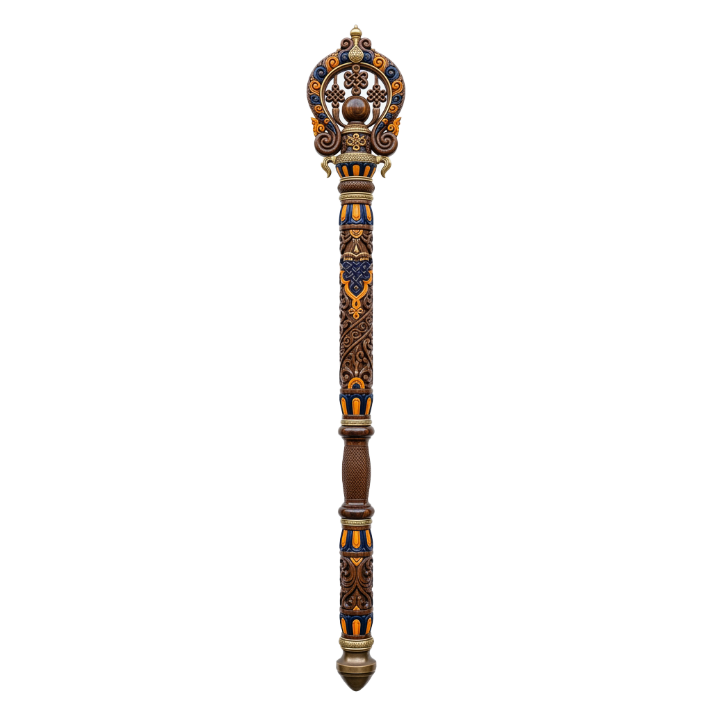 A tall ceremonial staff adorned with colorful intricate designs, gemstones, and detailed carvings