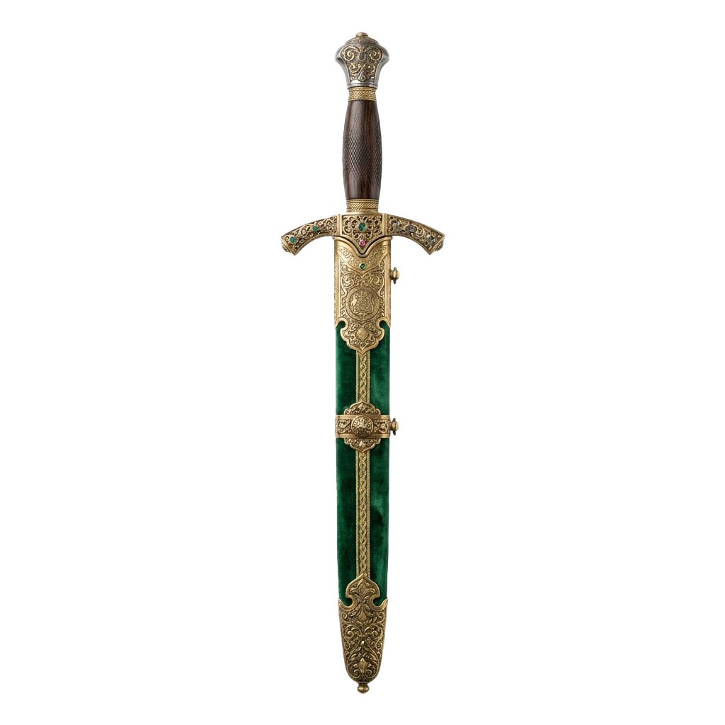 Decorative dagger with gold filigree, green gemstone handle, and intricate designs on the blade and pommel