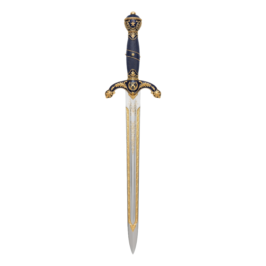 A decorative sword with a gold and blue ornate hilt and a plain silver blade.