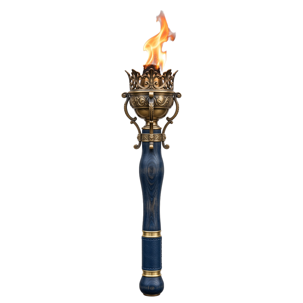 A decorative Olympic-style torch with a lit flame at the top, intricate metalwork, and a blue handle.