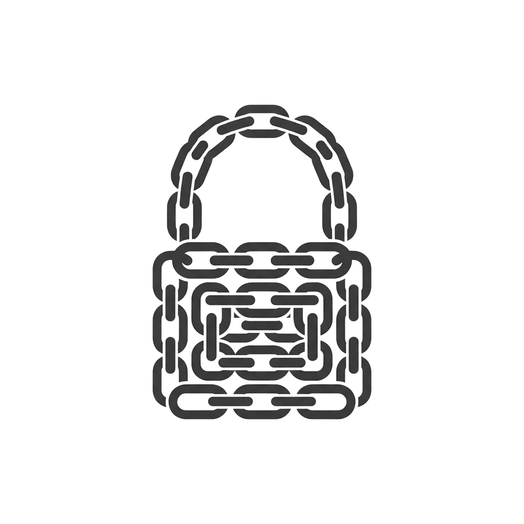 A 3D-style illustration of a padlock made entirely of interlocking chain links.