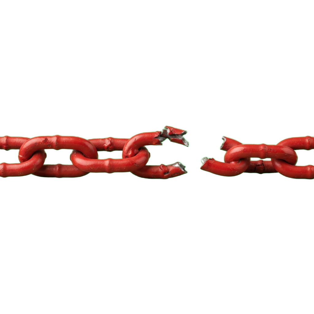 Close-up image of two sections of a rusty red chain with visible wear and corrosion on the links