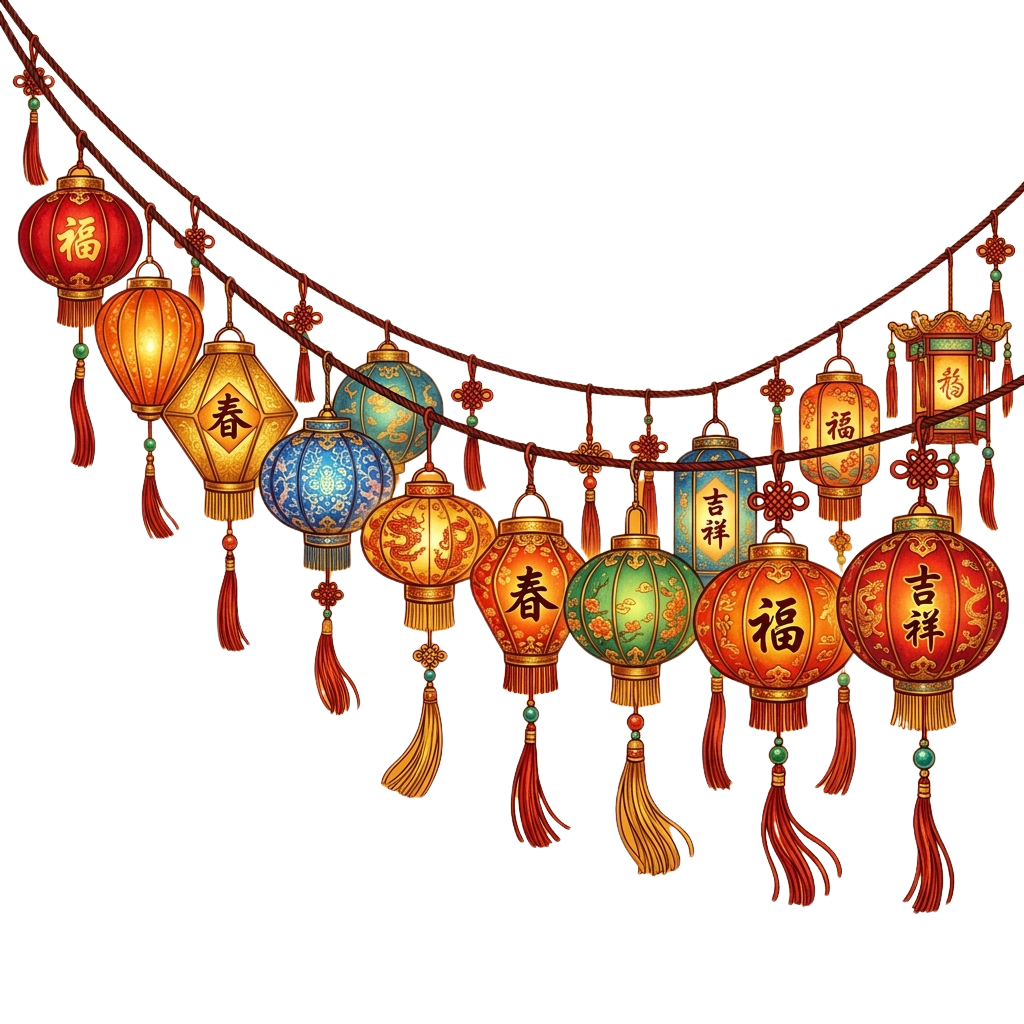 Colorful traditional Chinese paper lanterns hanging in a decorative string formation