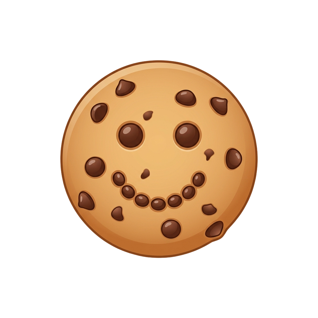 A round chocolate chip cookie with chocolate chips arranged in a smiling face pattern