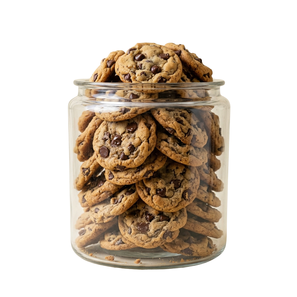 A clear glass jar filled with round chocolate chip cookies stacked on top of each other