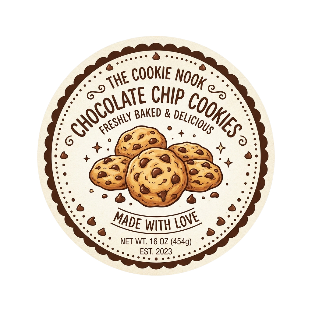 Round label featuring freshly baked chocolate chip cookies with text reading The Cookie Nook Chocolate Chip Cookies, Made with Love, and net weight 16 oz.