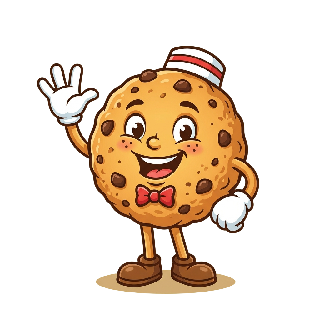 Animated cookie character with arms and legs waving cheerfully in a friendly manner