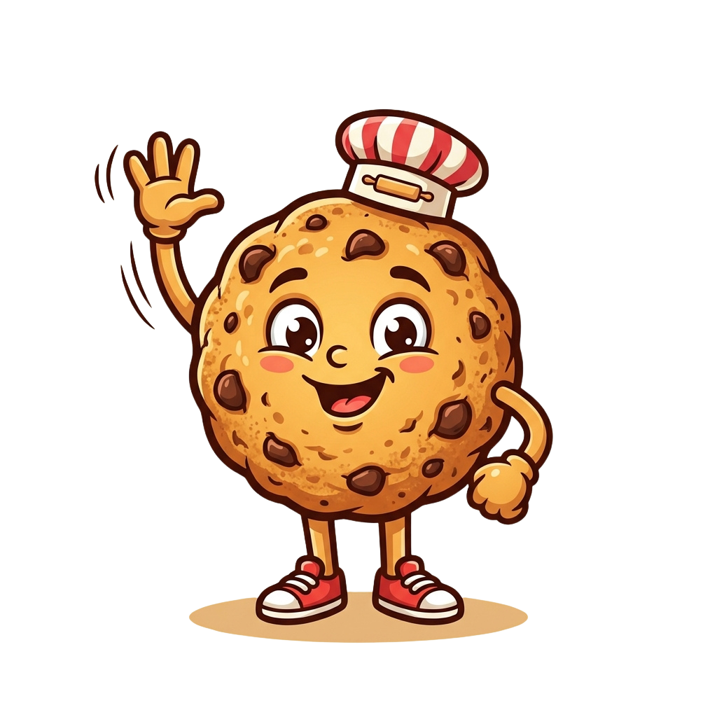 Animated muffin character wearing a chef hat and waving with one hand