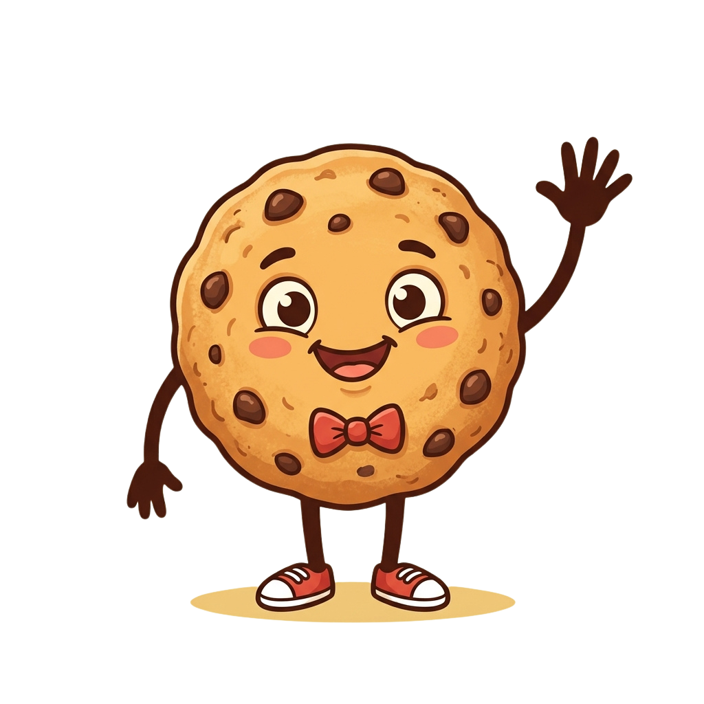 Animated cookie with arms, legs, and a bowtie waving cheerfully