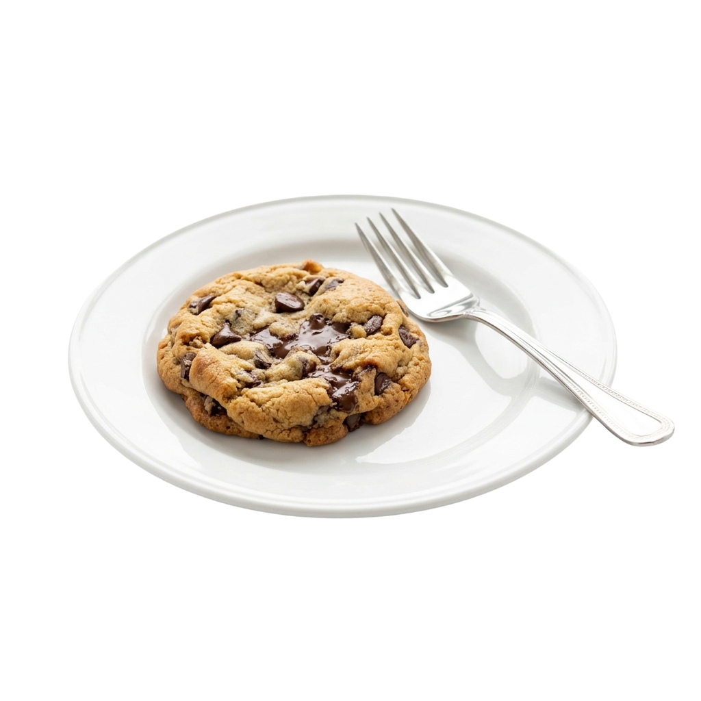 A chocolate chip cookie on a white plate with a fork beside it