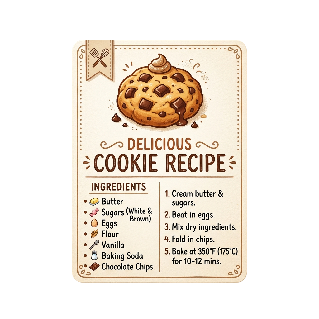 Illustration of a cookie recipe card showing ingredients and steps for making chocolate chip cookies