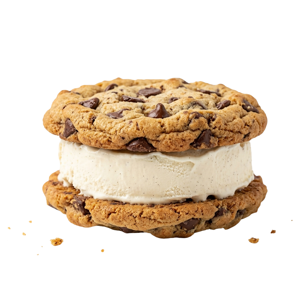 Two chocolate chip cookies with creamy ice cream filling in between