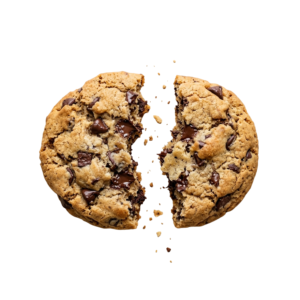 A broken chocolate chip cookie with crumbs around it on a black background