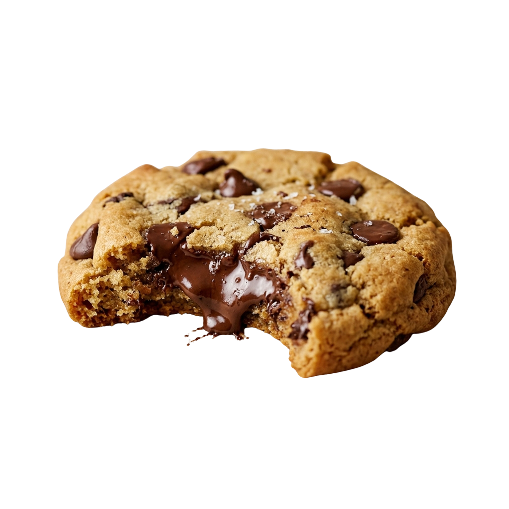 A partially eaten chocolate chip cookie with melted chocolate oozing out of the center