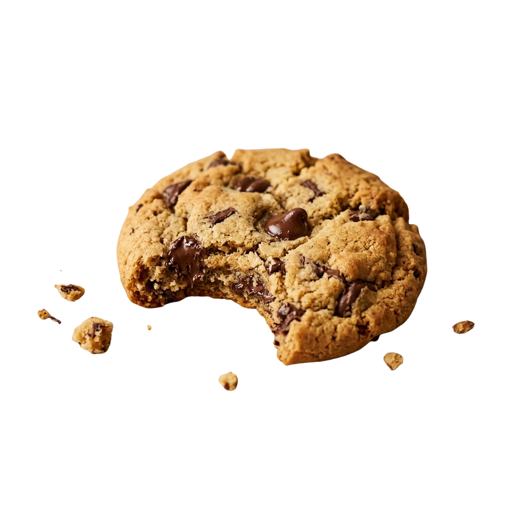 A partially eaten chocolate chip cookie with crumbs on a black background