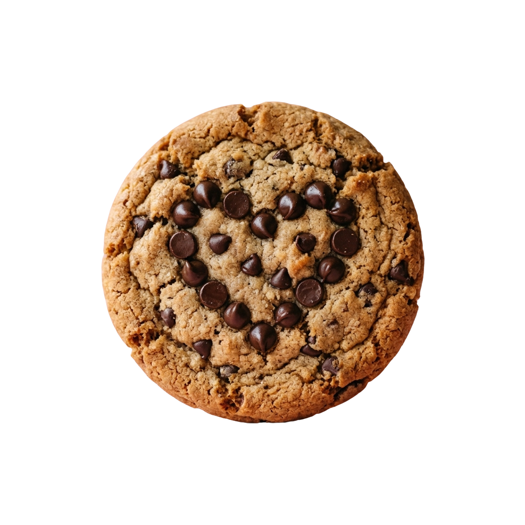 A round chocolate chip cookie with golden-brown edges and dark chocolate chips evenly distributed throughout