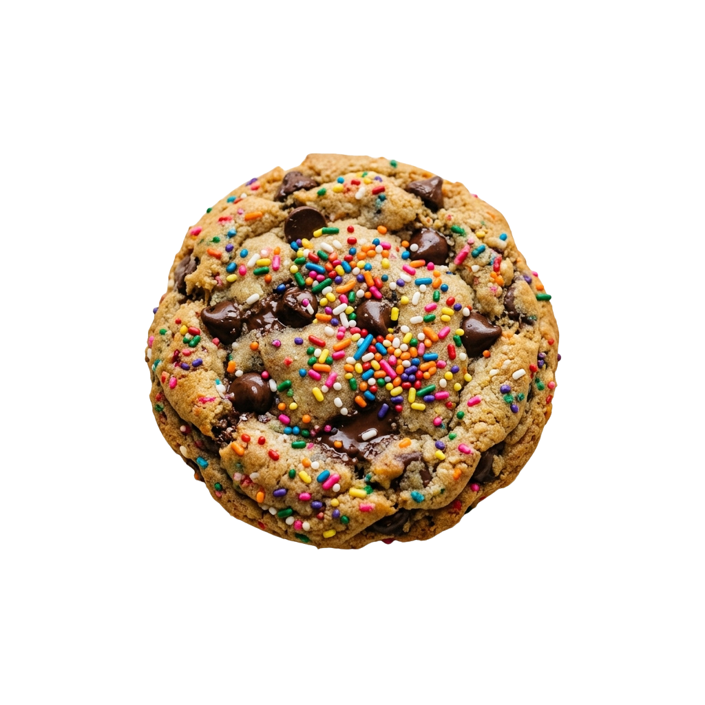 A close-up image of a chocolate chip cookie topped with colorful sprinkles