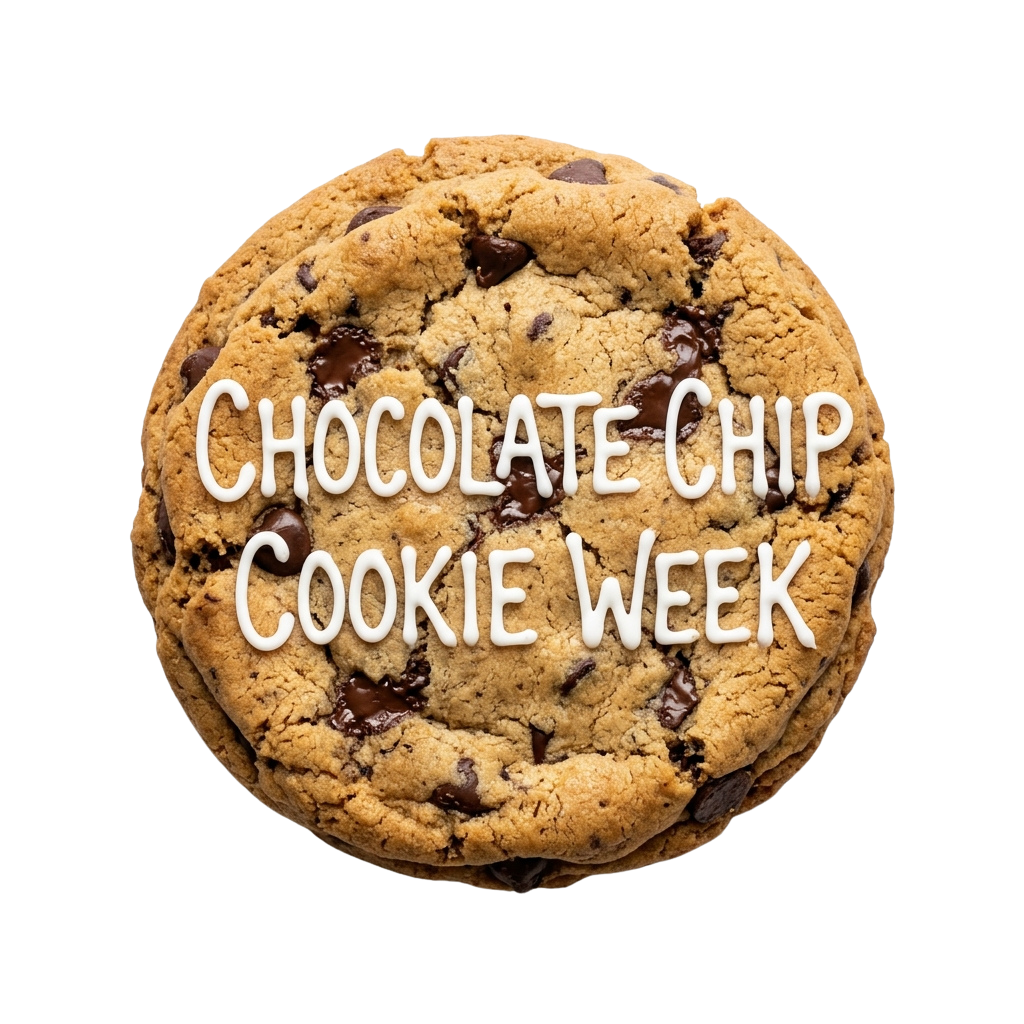 A close-up image of a golden brown chocolate chip cookie with visible chocolate chunks.