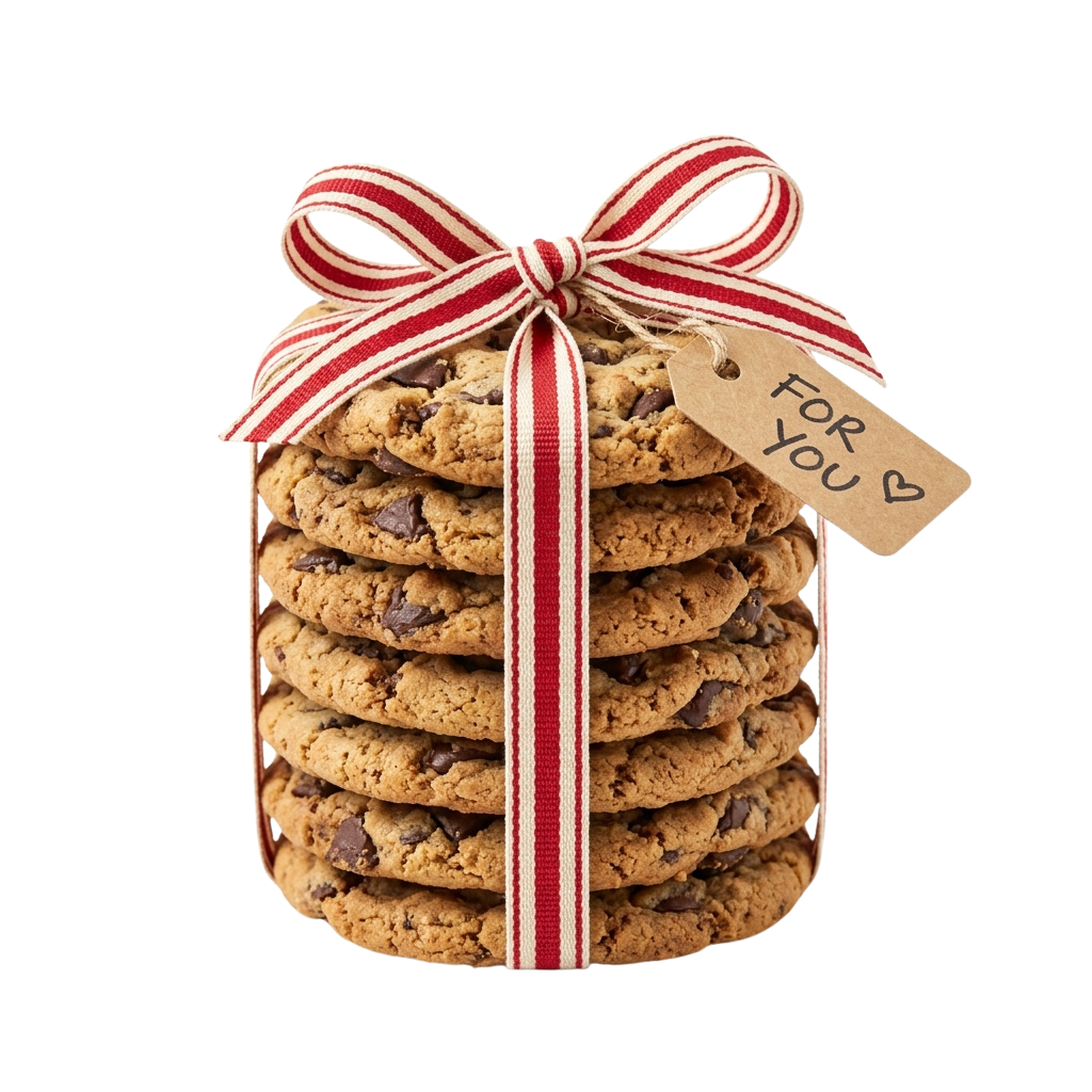 A jar of stacked chocolate chip cookies tied with a red and white striped ribbon and a tag saying For You