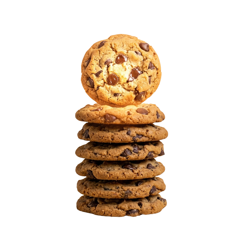 Five chocolate chip cookies stacked vertically against a black background