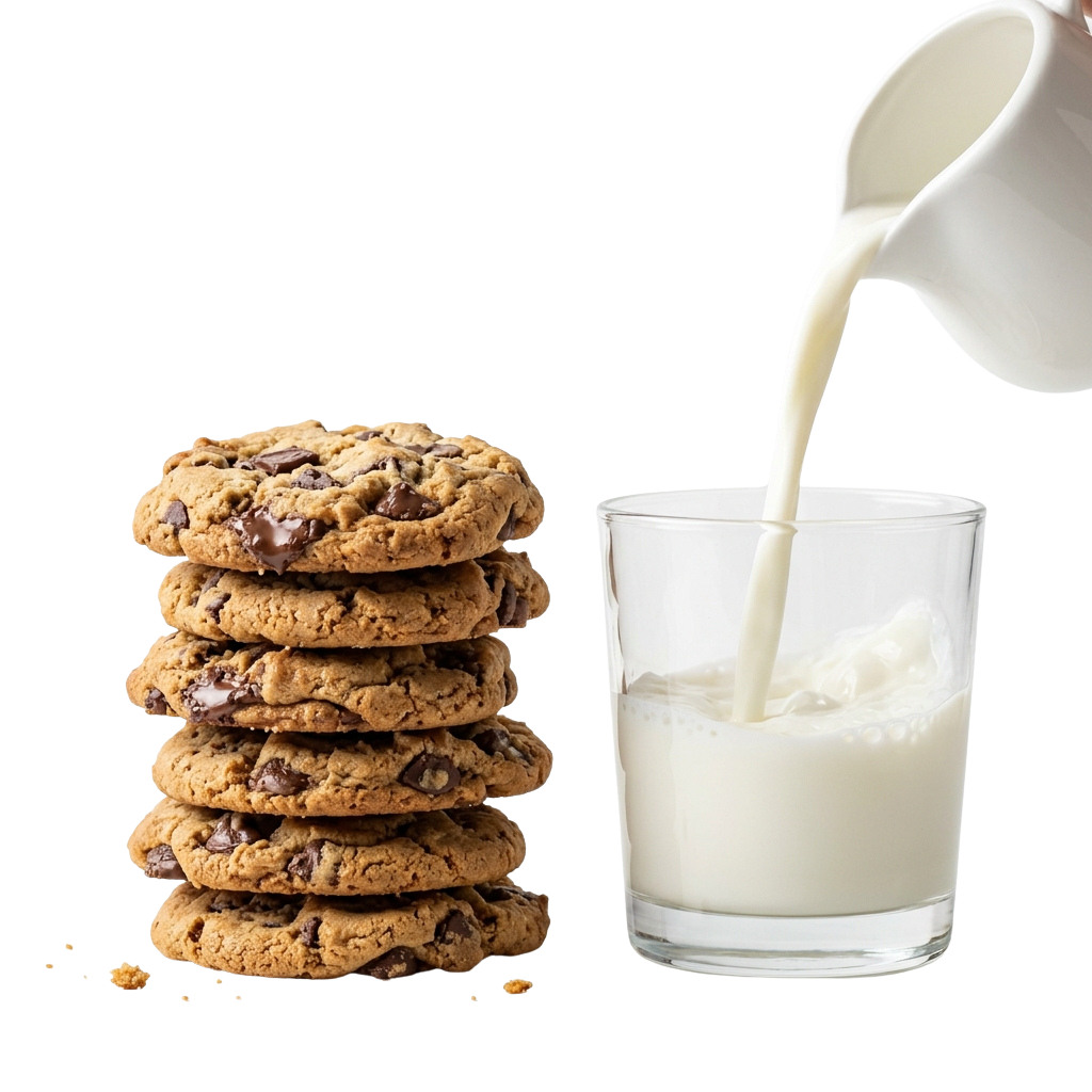 Stack of chocolate chip cookies next to a glass of milk being poured from a white pitcher