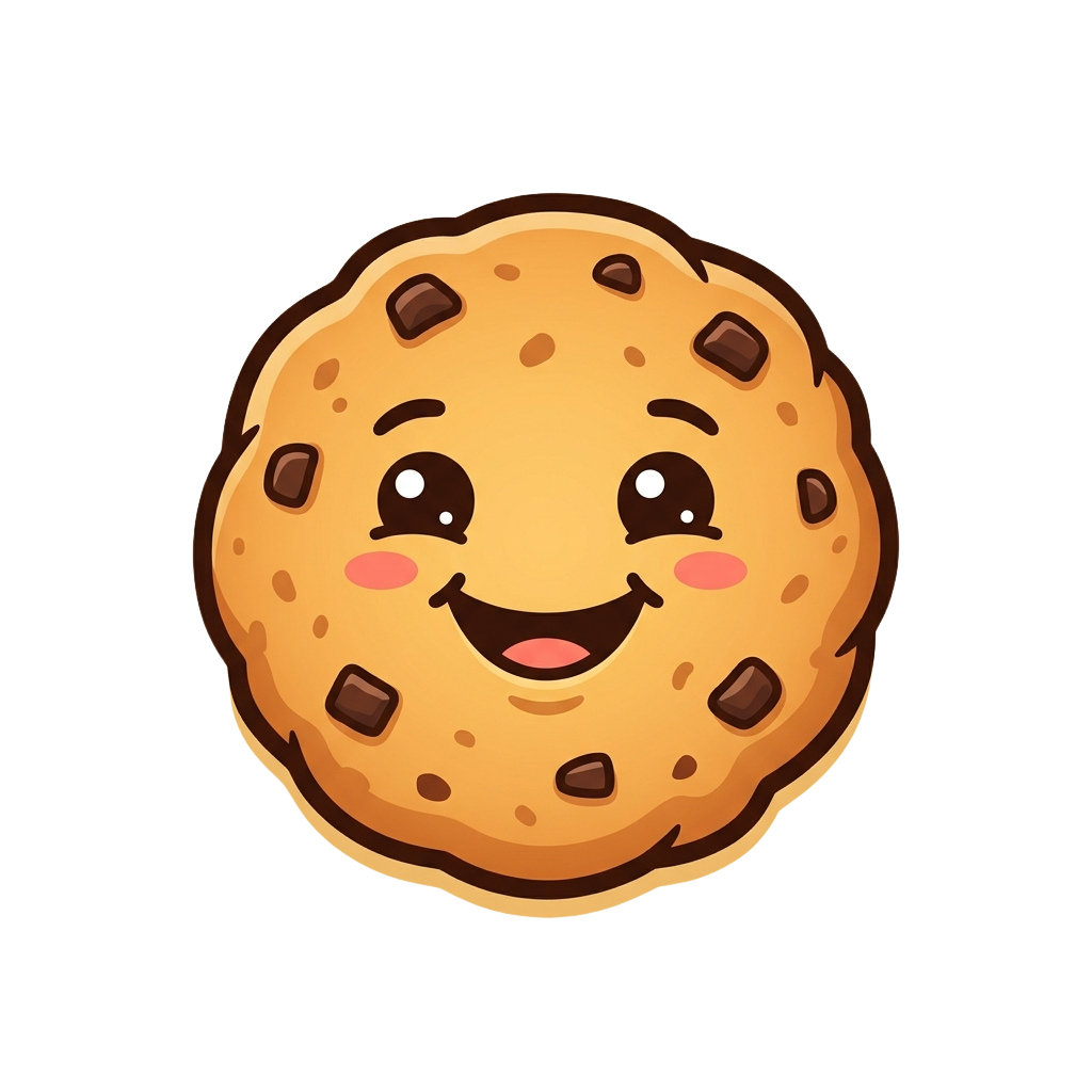 A smiling cartoon cookie with chocolate chips and a cheerful face