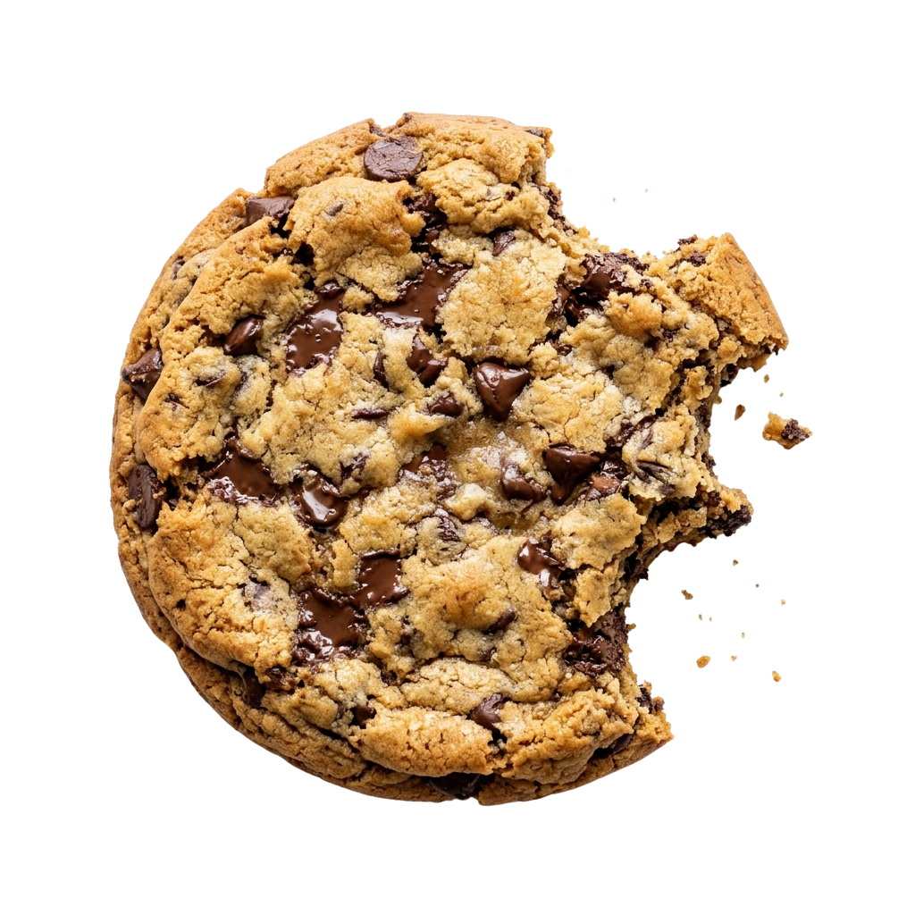 A close-up image of a partially eaten chocolate chip cookie with visible chocolate chunks and caramelized edges