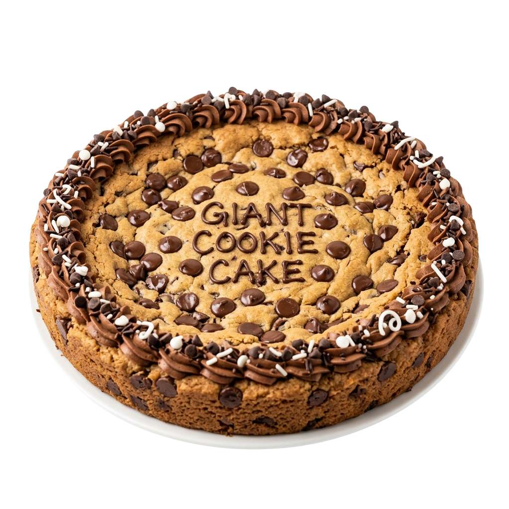 A round giant cookie cake topped with chocolate chips and decorated with chocolate frosting swirls and white sprinkles