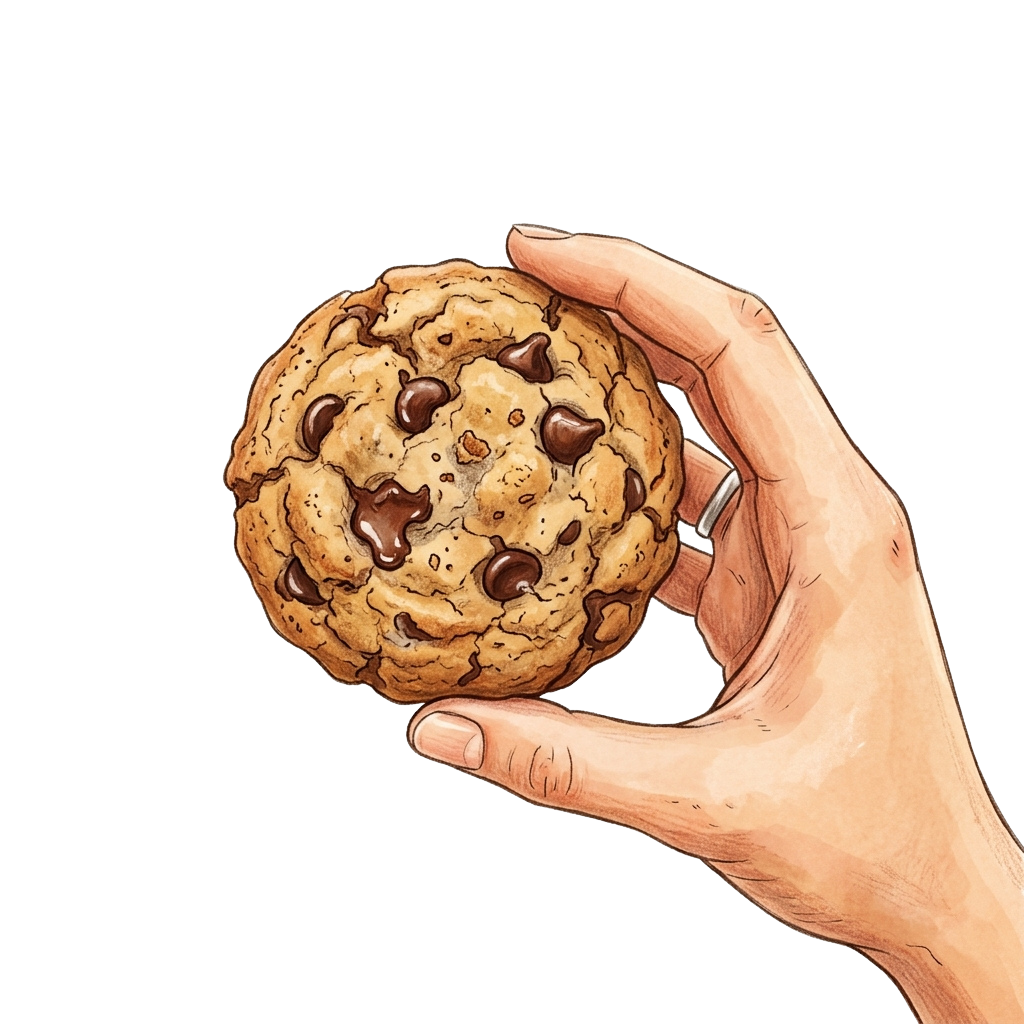 A hand holding a freshly baked chocolate chip cookie with melted chocolate drips.