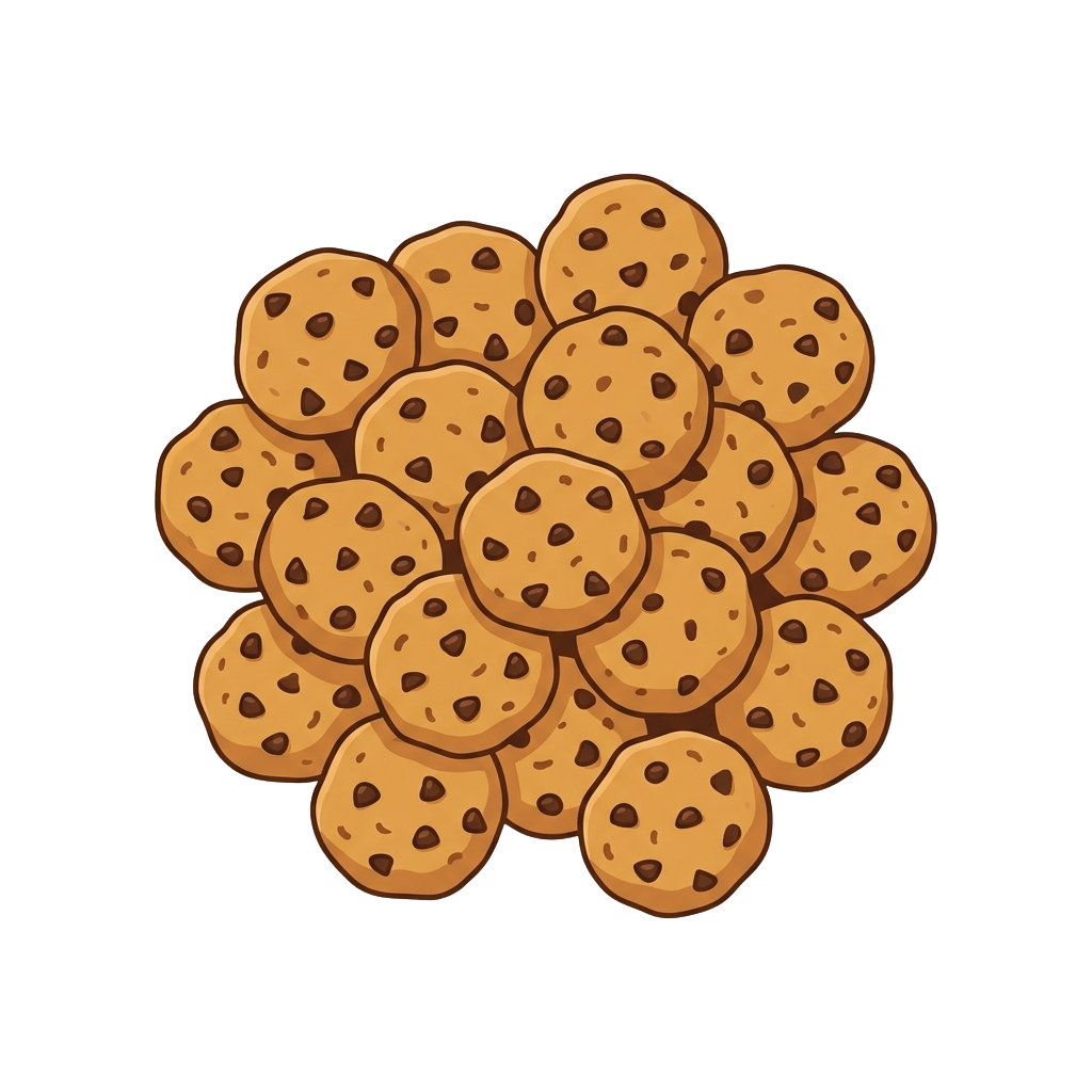 A cluster of round chocolate chip cookies with visible chocolate pieces arranged closely together