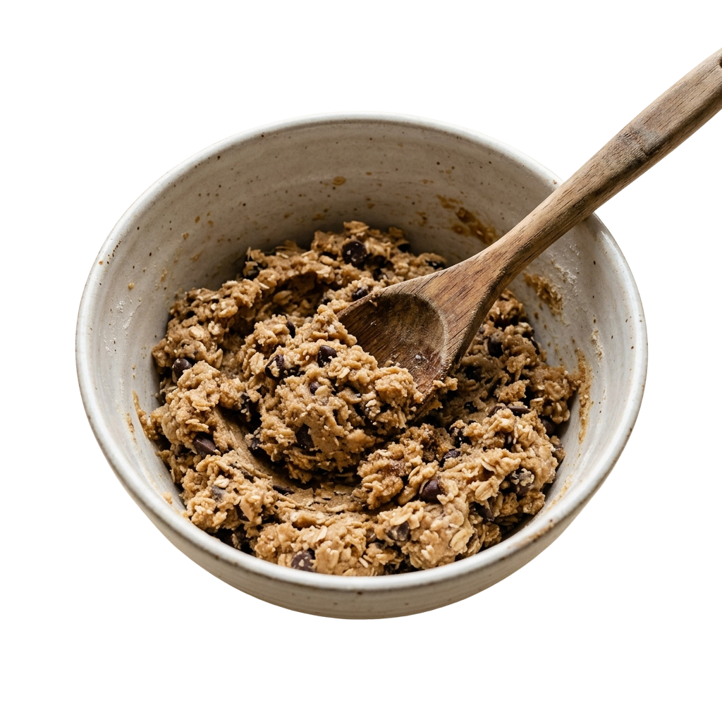 A bowl of granola with a wooden spoon resting inside it.