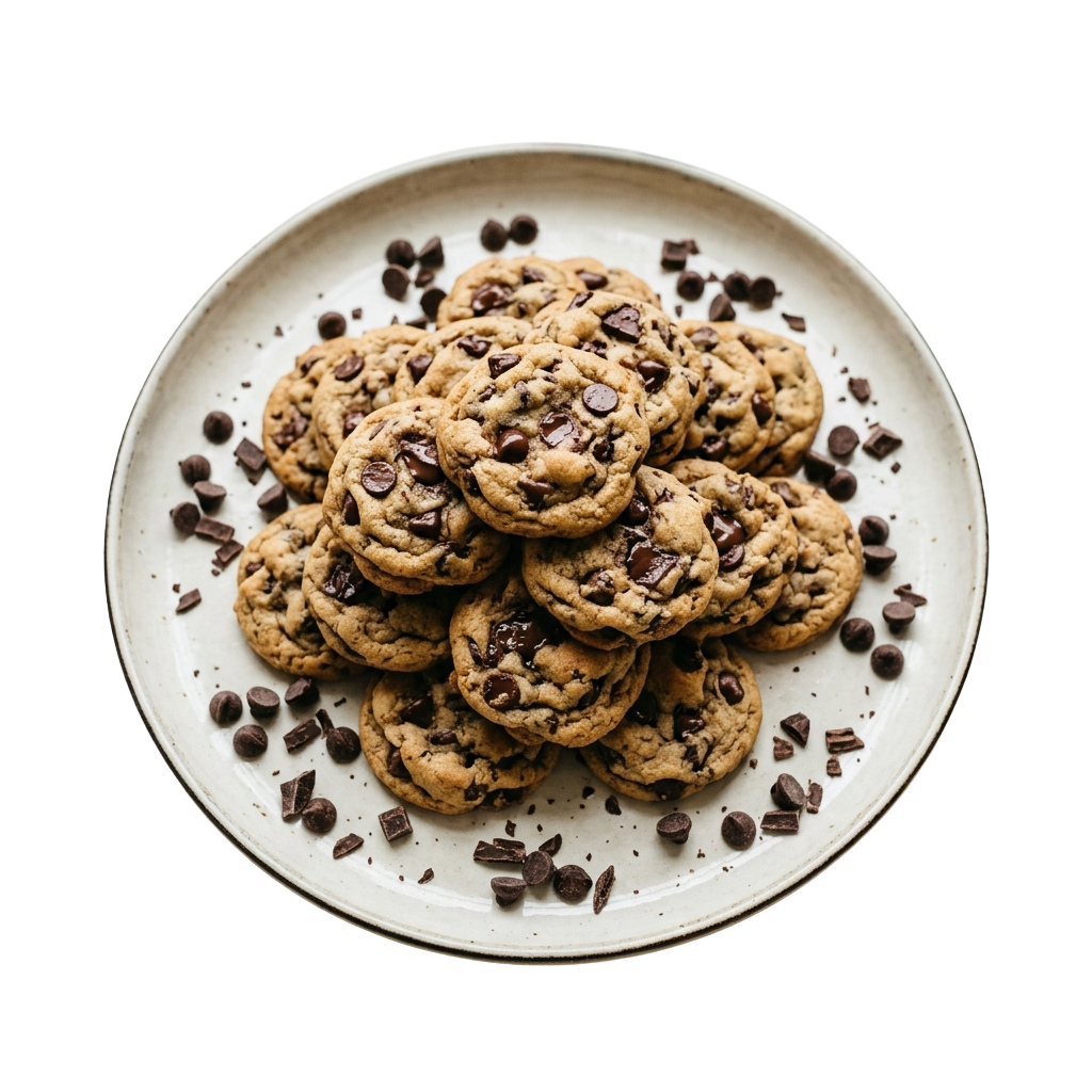 A white plate filled with round chocolate chip cookies and chocolate pieces scattered around