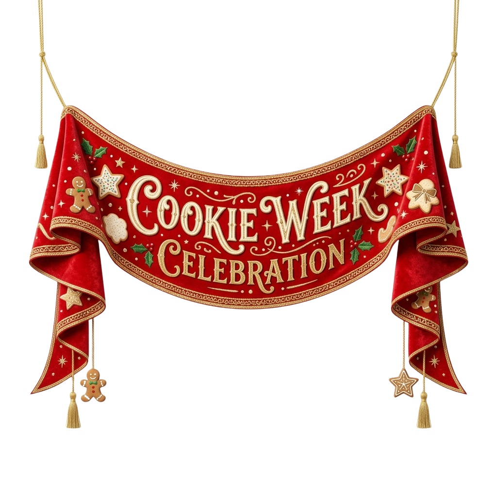 Red festive bunting with Cookie Week Celebration text and holiday decorations like gingerbread men and holly
