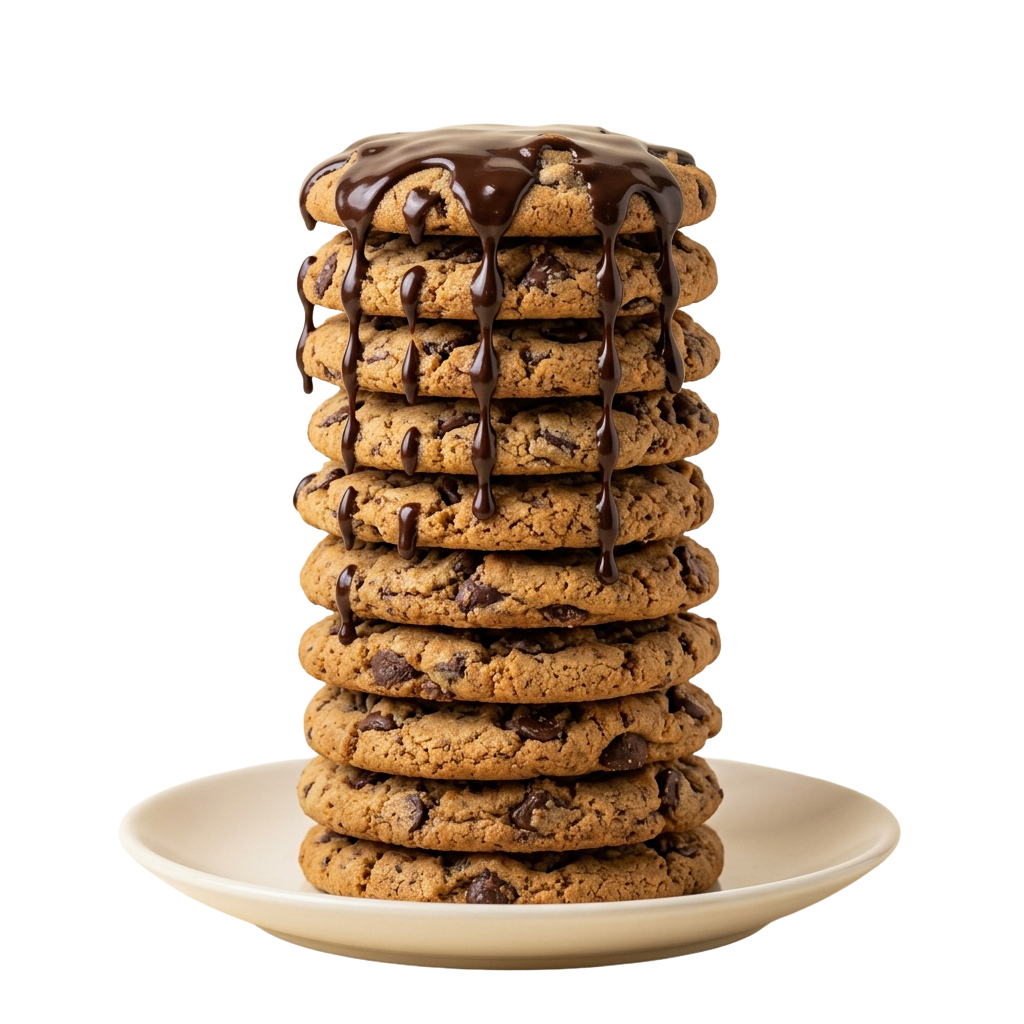 A stack of seven chocolate chip cookies with chocolate sauce dripping down the sides on a white plate