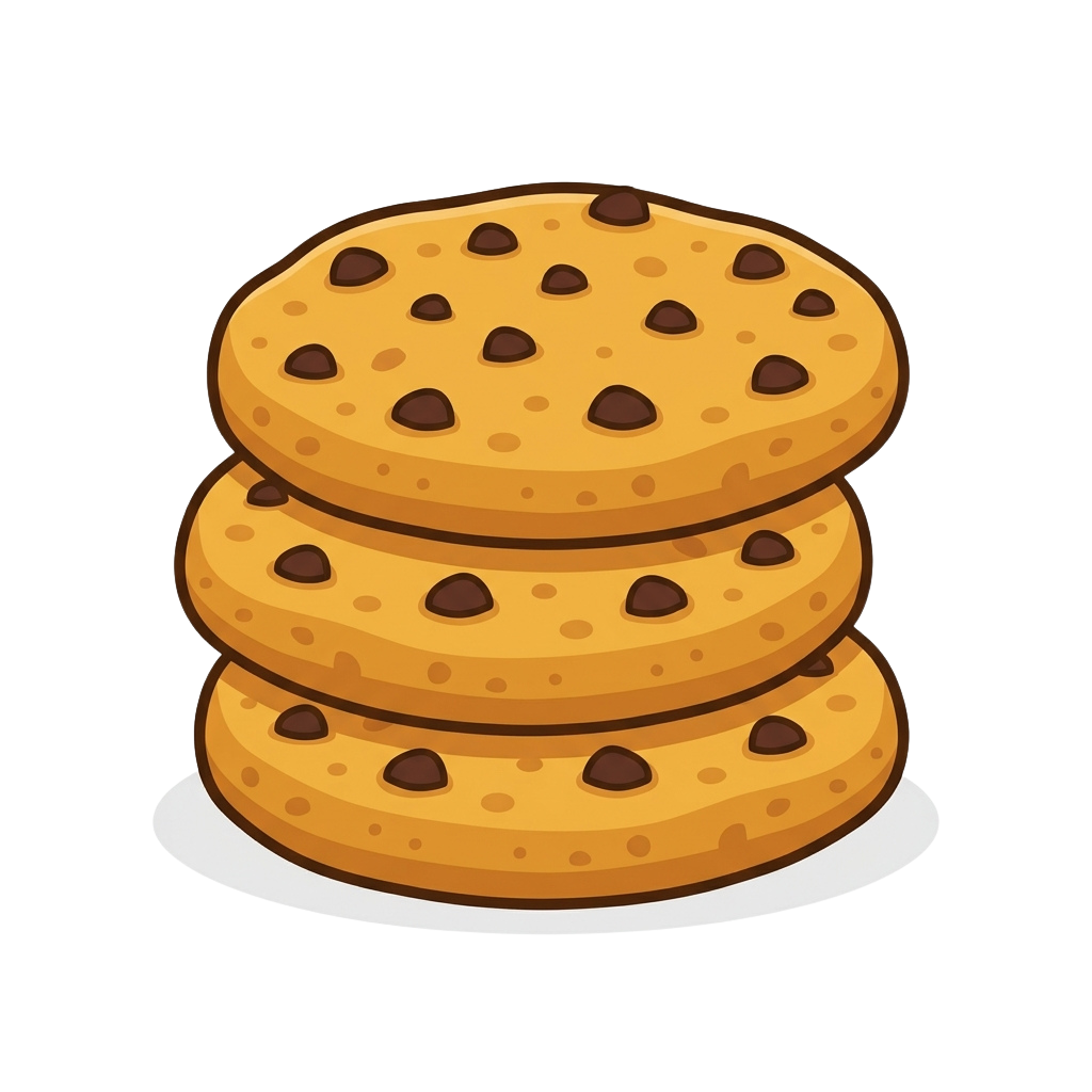 Three round chocolate chip cookies stacked on a white plate