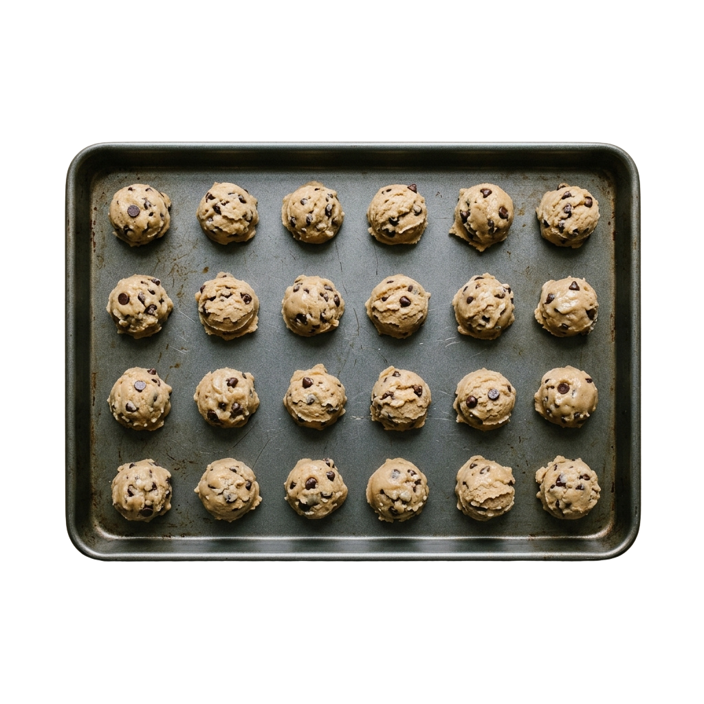 A baking tray with 20 round chocolate chip cookie dough balls arranged in 4 rows of 5.