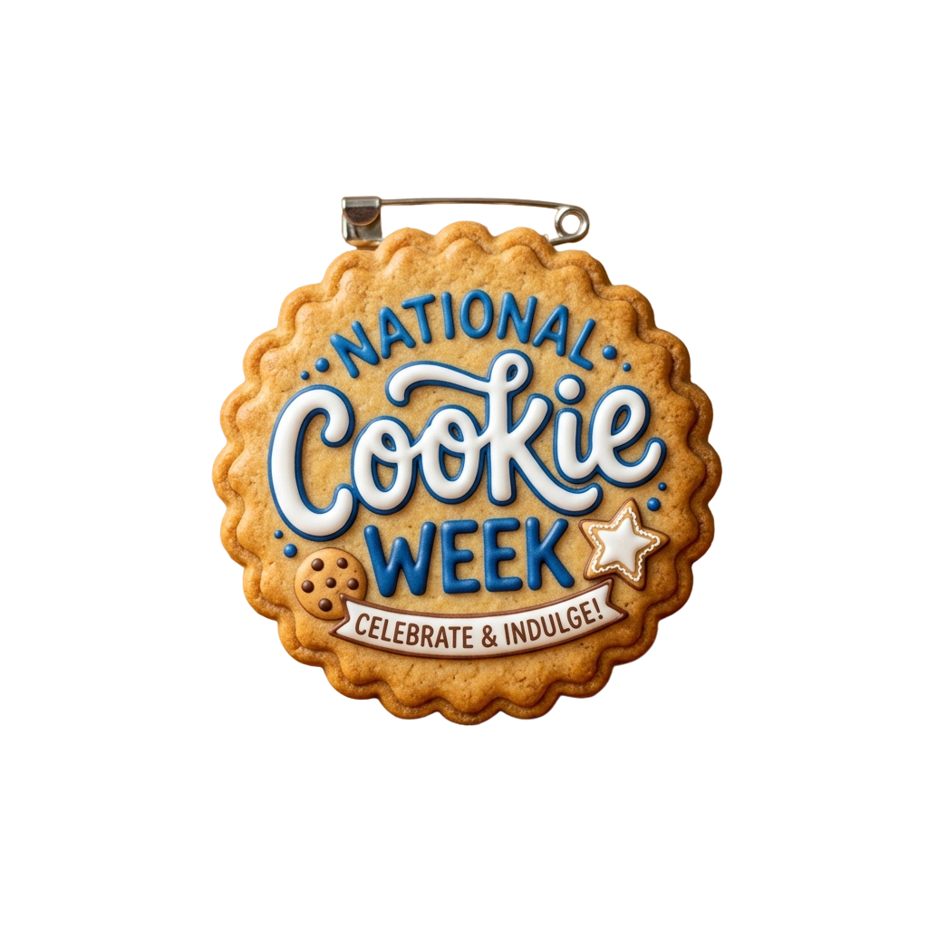 Round cookie-shaped badge celebrating National Cookie Week with blue and white icing text and a star.
