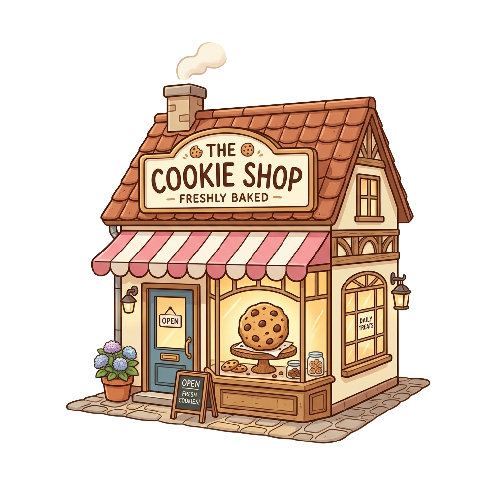 Illustration of a quaint cookie shop with a sign reading The Cookie Shop Freshly Baked, displaying baked goods and an open sign
