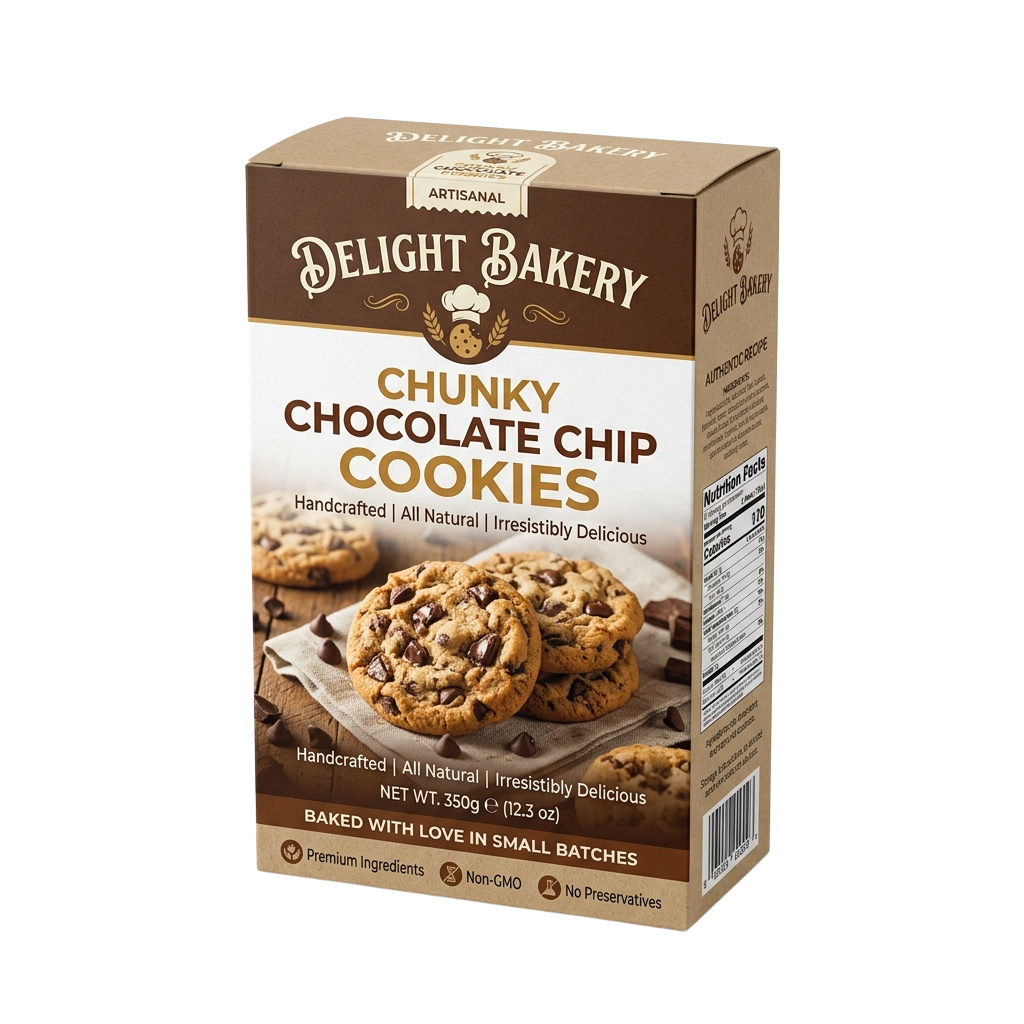Box of chunky chocolate chip cookies labeled as handcrafted and all natural with a chef and wheat ear logo.