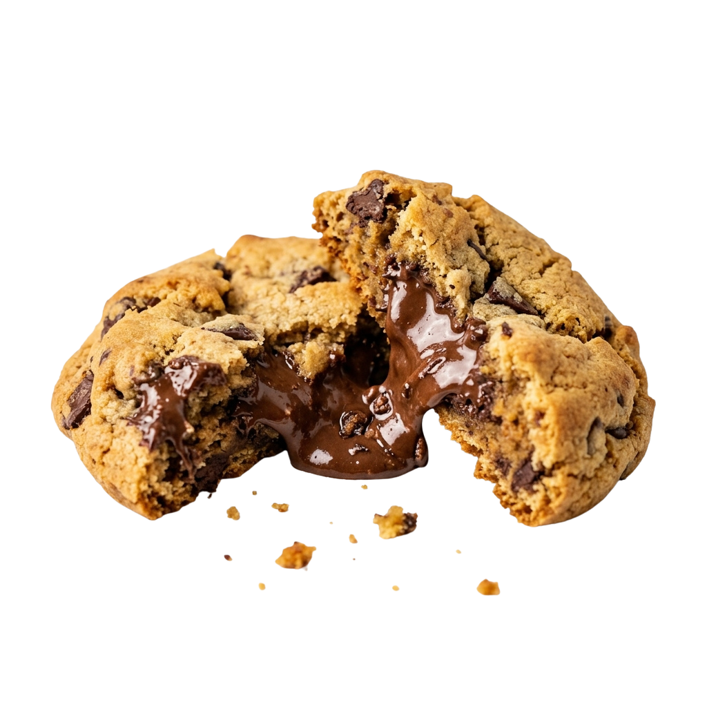A broken chocolate chip cookie revealing gooey melted chocolate inside on a dark background