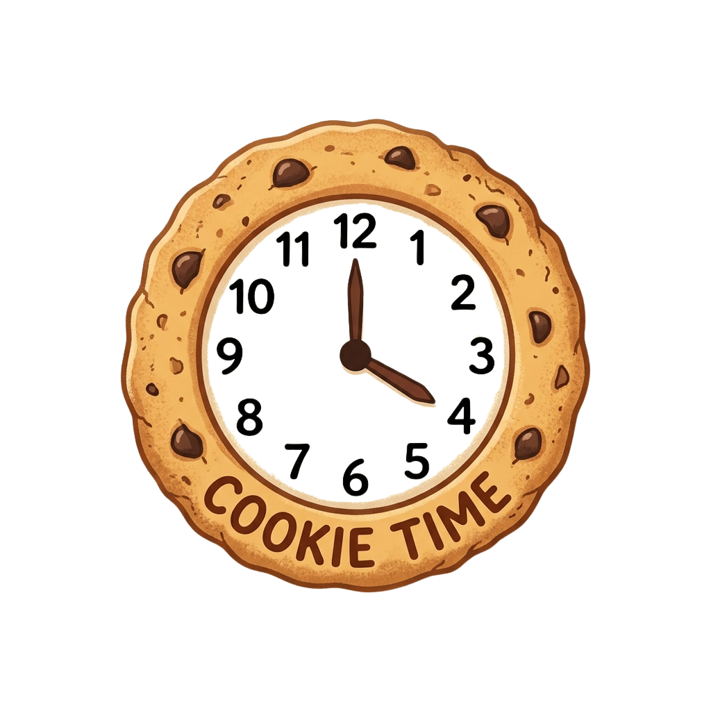 A clock designed like a cookie with chocolate chips and the words cookie time at the bottom