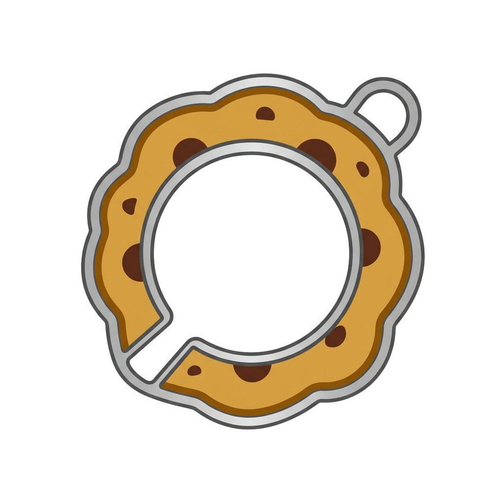 A stylized cookie-shaped keychain with a bite taken out of one side and a loop at the top.