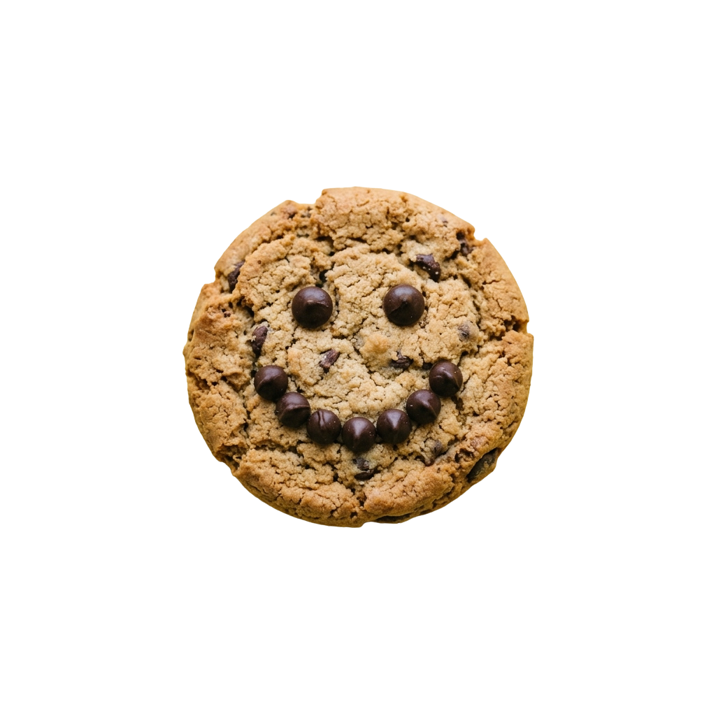A round cookie with a smiling face made from chocolate chips