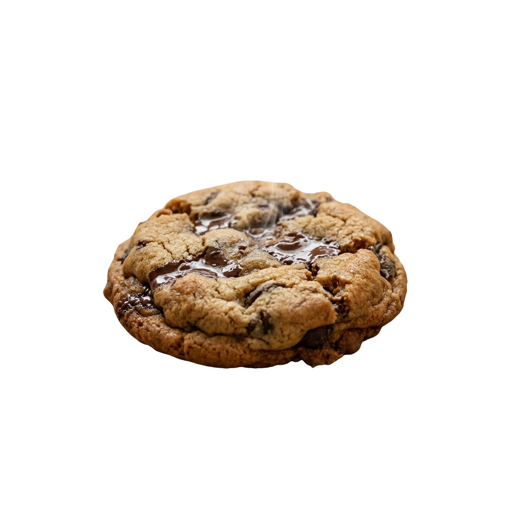 A freshly baked chocolate chip cookie with melted chocolate drips on a dark background