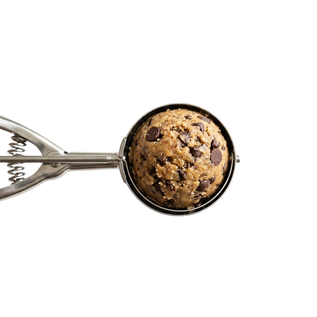 A metal ice cream scoop filled with chocolate chip cookie dough